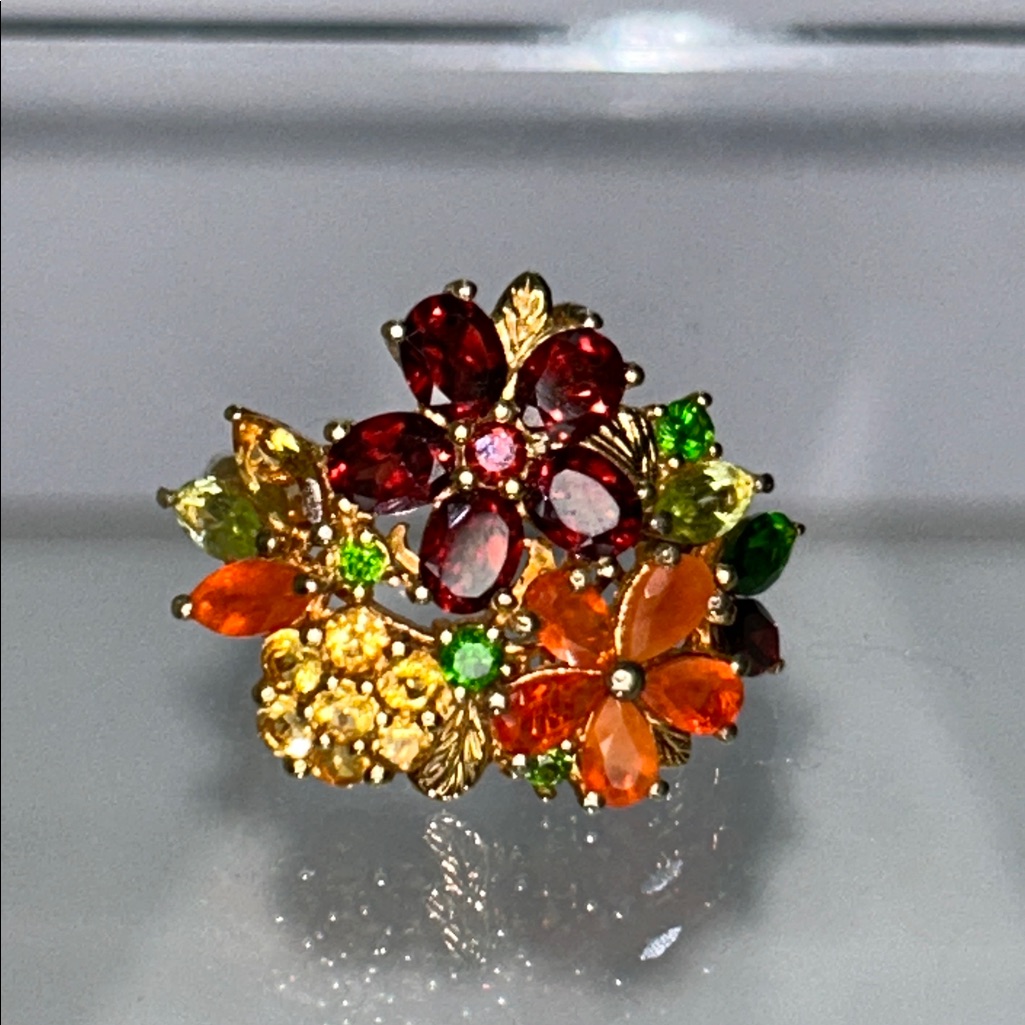 Nwot Multi Genuine Gemstone Gold Plated Sterling Silver Designer Ring - Floral